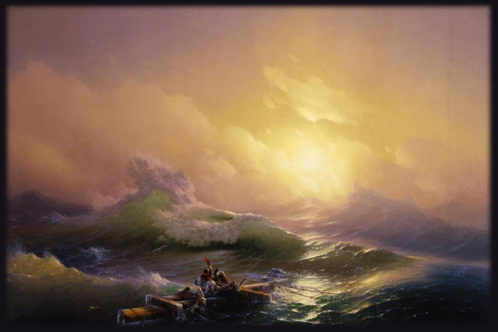 19th century painting of a wild seascape at dawn.