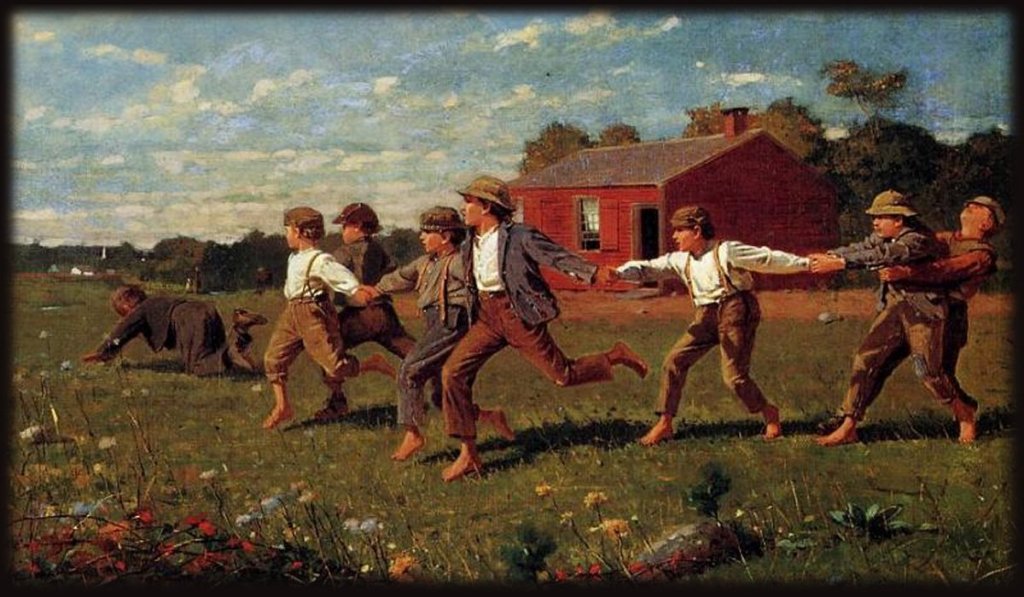 19th century painting of barefoot boys playing near a cabin