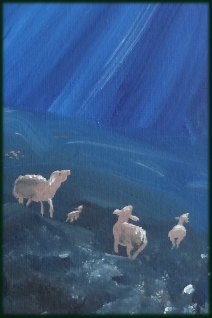painting of startled sheep, by author Joyce Holt