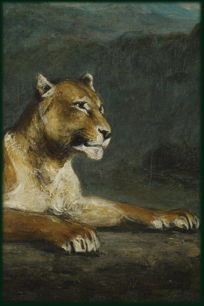 19th century painting of a lioness