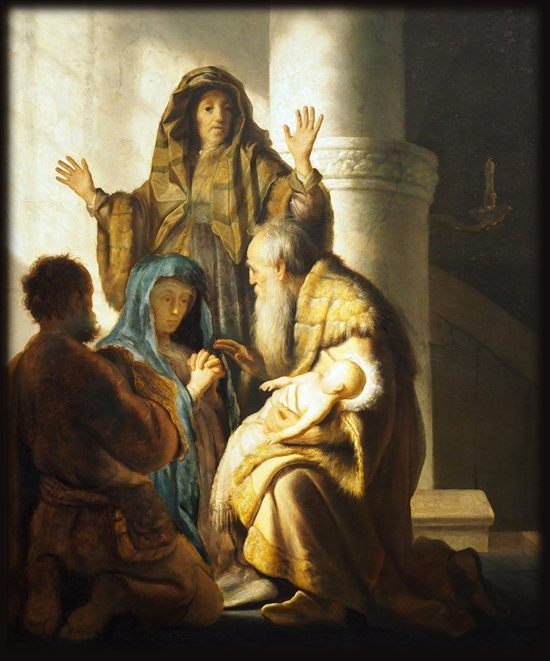 17th century painting by Rembrandt of Anna and Simeon in the temple