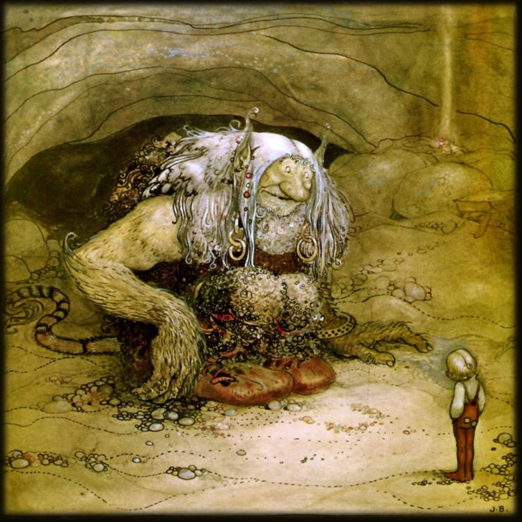 Early 20th century painting of a huge cave troll