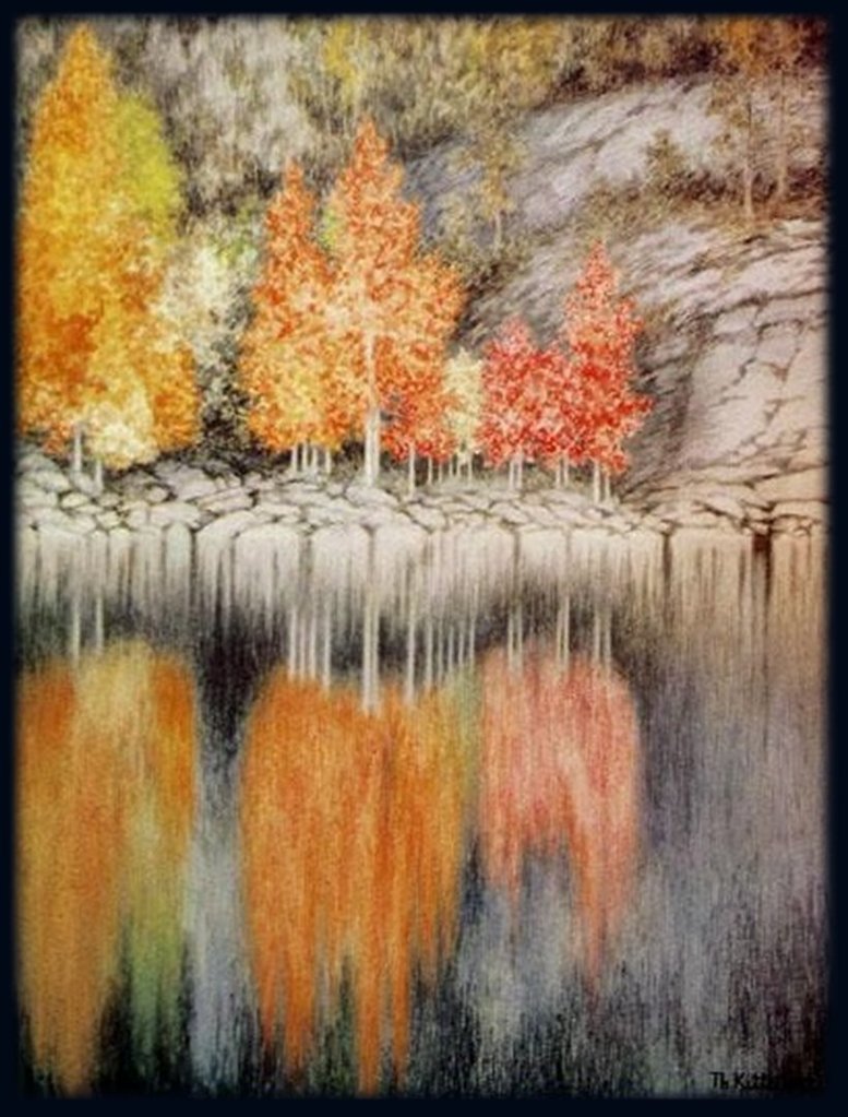 19th century art of a reflection in a lake